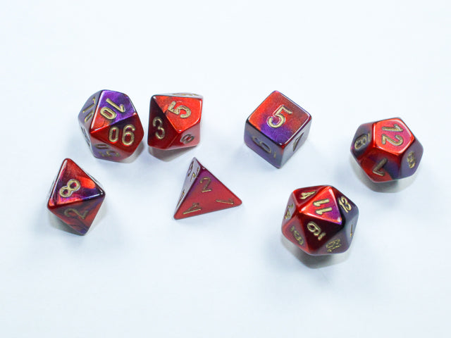 chessex mini polyhedral red purple gold dice set