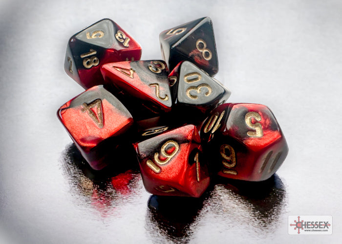 chessex mini polyhedral red black gold dice set