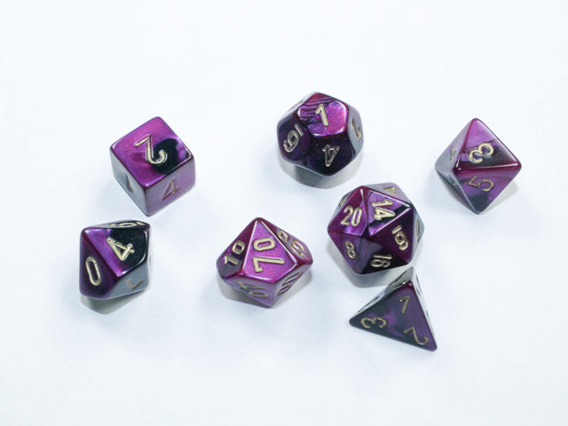 chessex mini polyhedral black purple gold dice set