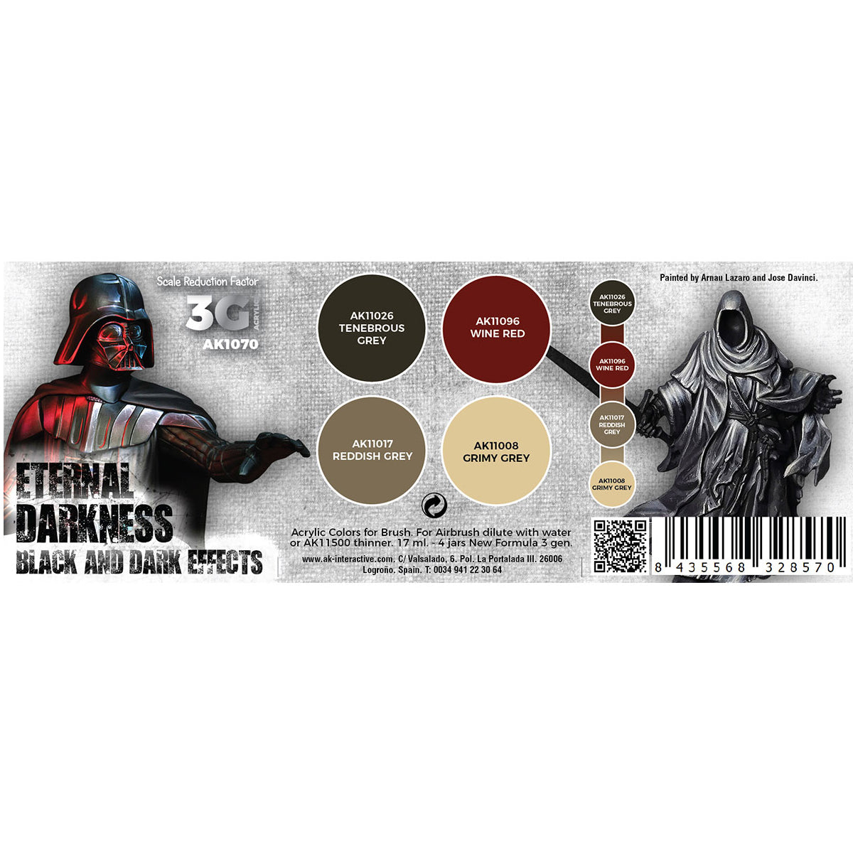 Product packaging for 'Eternal Darkness' with character illustrations and color swatches on a white background.