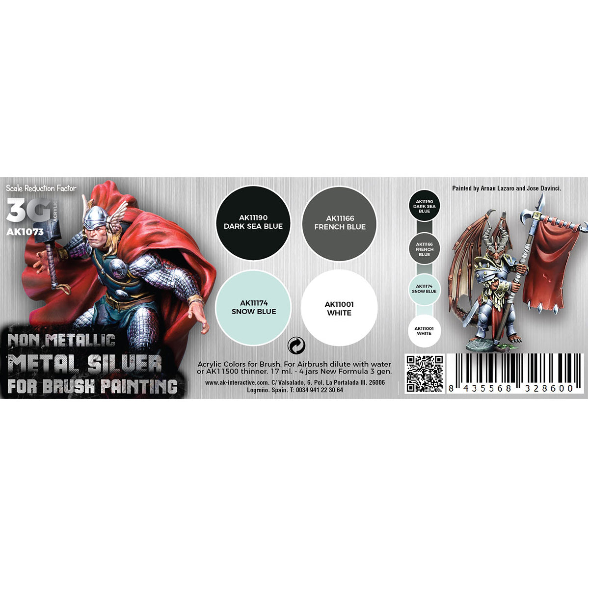 Product packaging with superhero figure and color swatches on a white background