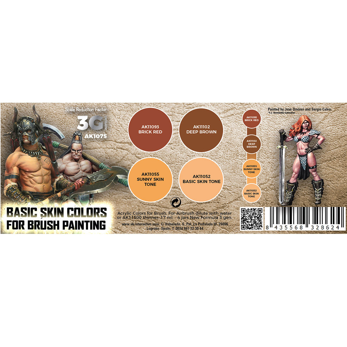 Packaging for basic skin colors for brush painting with warrior figures on a beige background