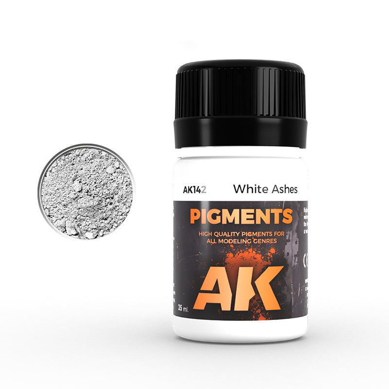 Bottle of AK Pigments with a sample of white ashes on a white background