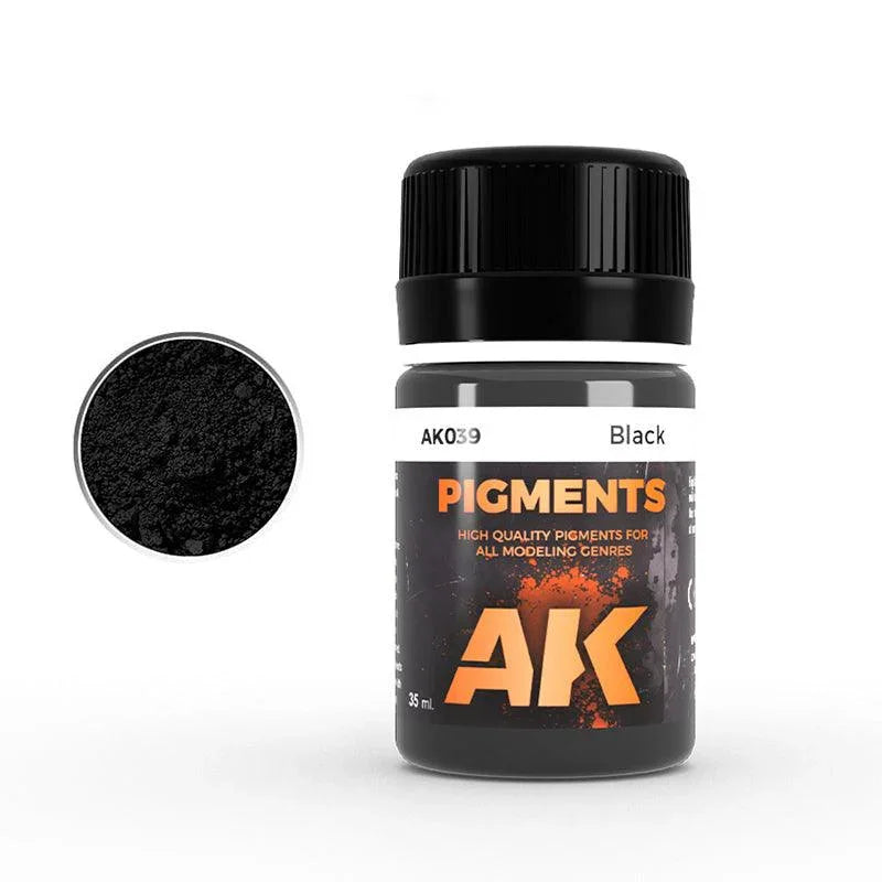 Bottle of AK Pigments black paint with a close-up of the color on a white background