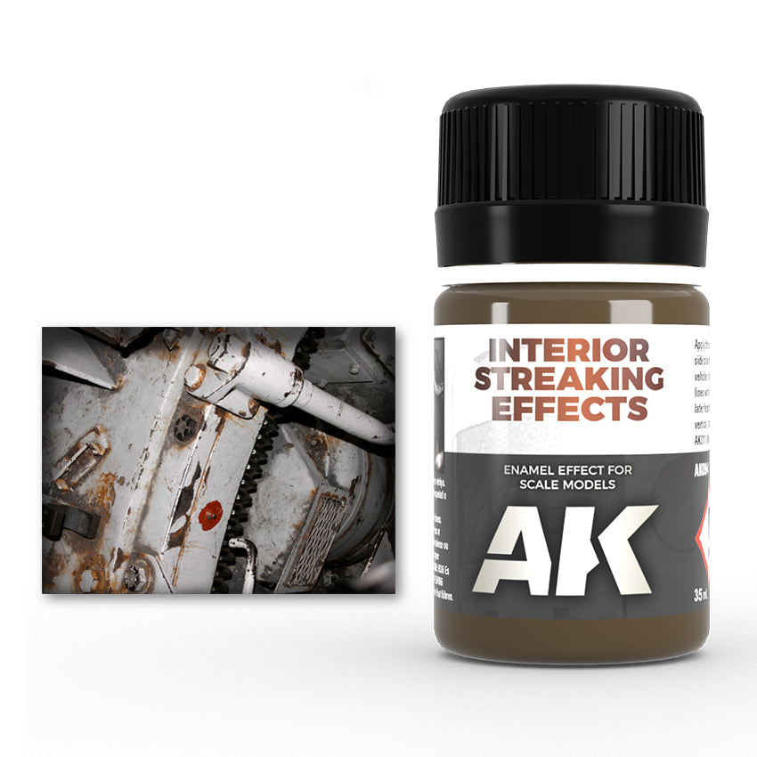 Bottle of AK interior streaking effects enamel paint with a model background