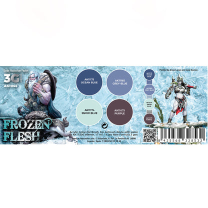 Product packaging for 'Frozen Flesh' with character illustrations and color swatches on a white background.
