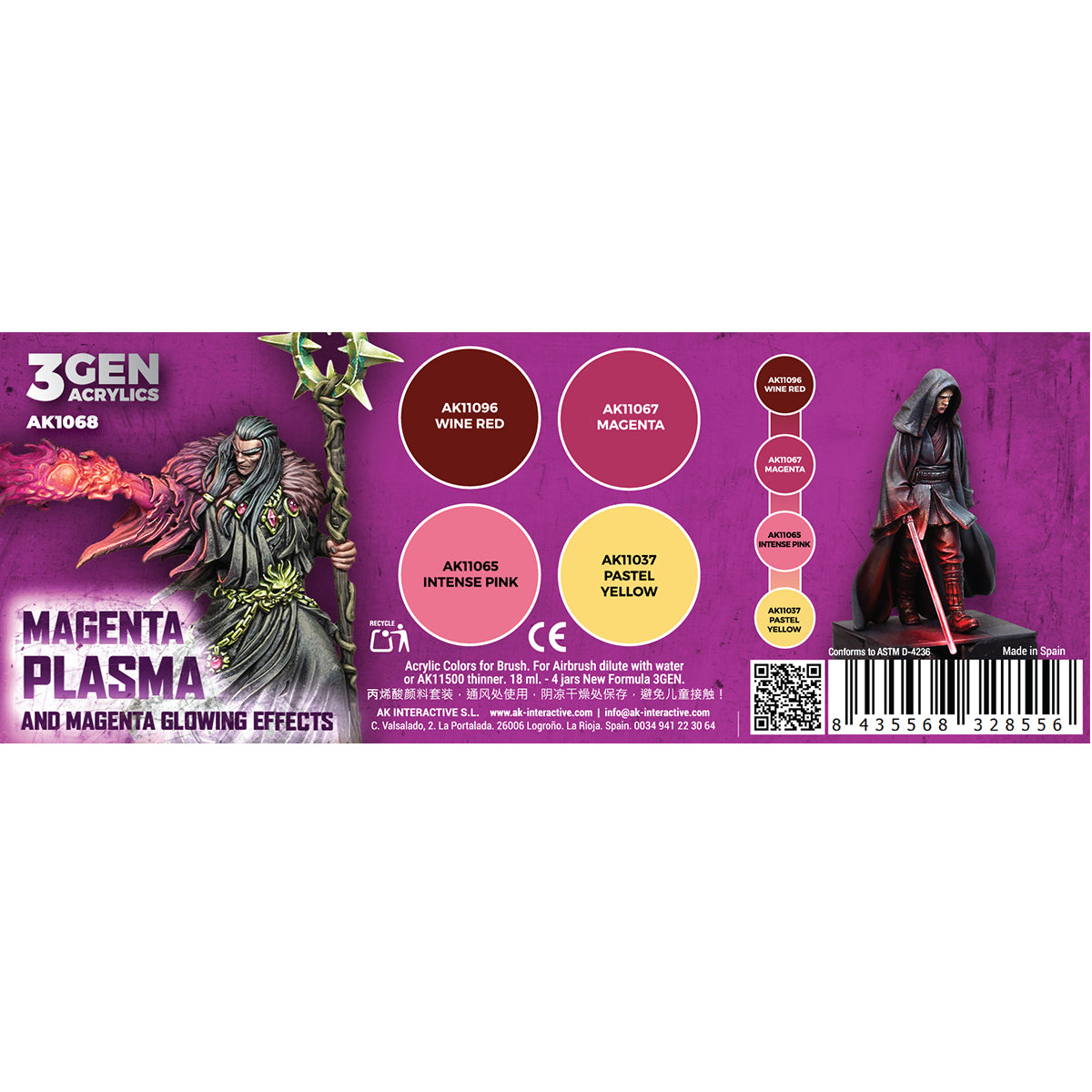 Product label with character illustration and color swatches on a purple background