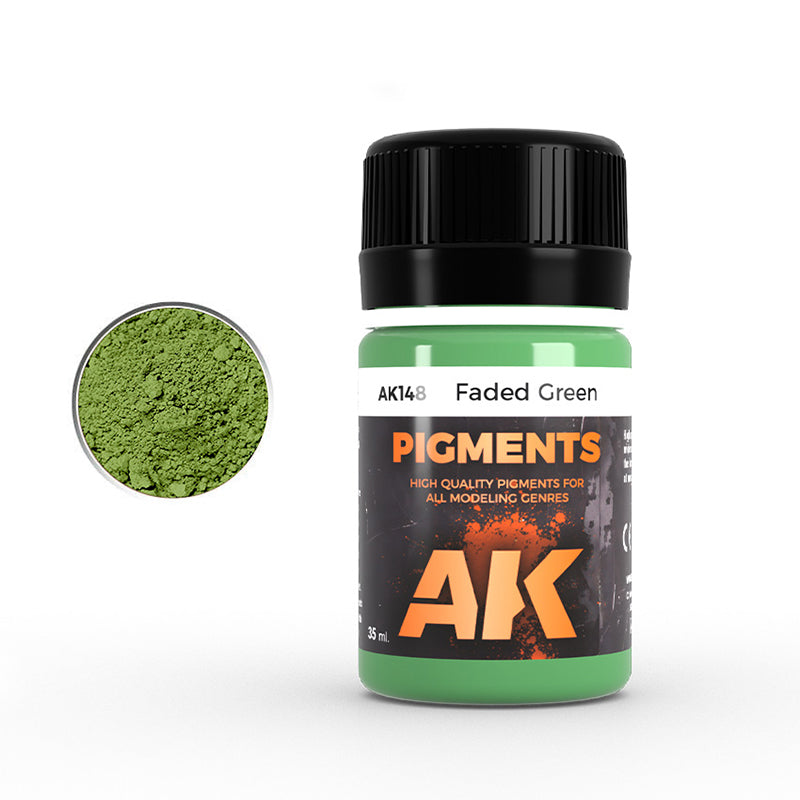 Bottle of AK Pigments with green powder on a white background