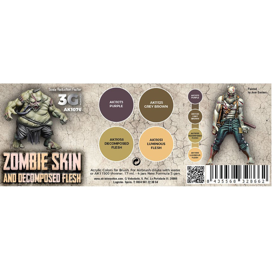 Product packaging for zombie skin and decomposed flesh with color swatches and branding on a beige background.